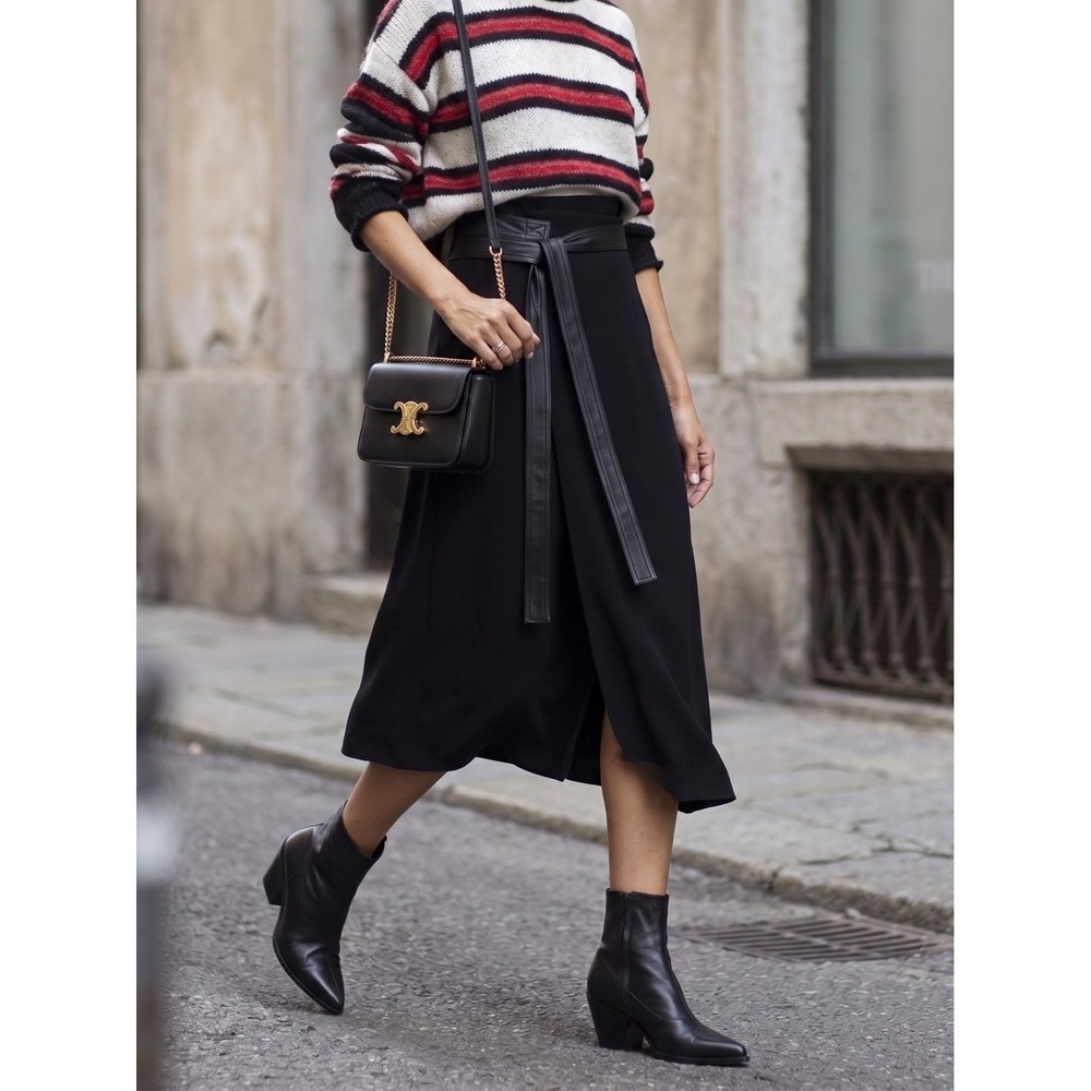 Vince Leather Belted Wrap Midi Skirt Black A-Line Asymmetric NWT Size 2 4 $295